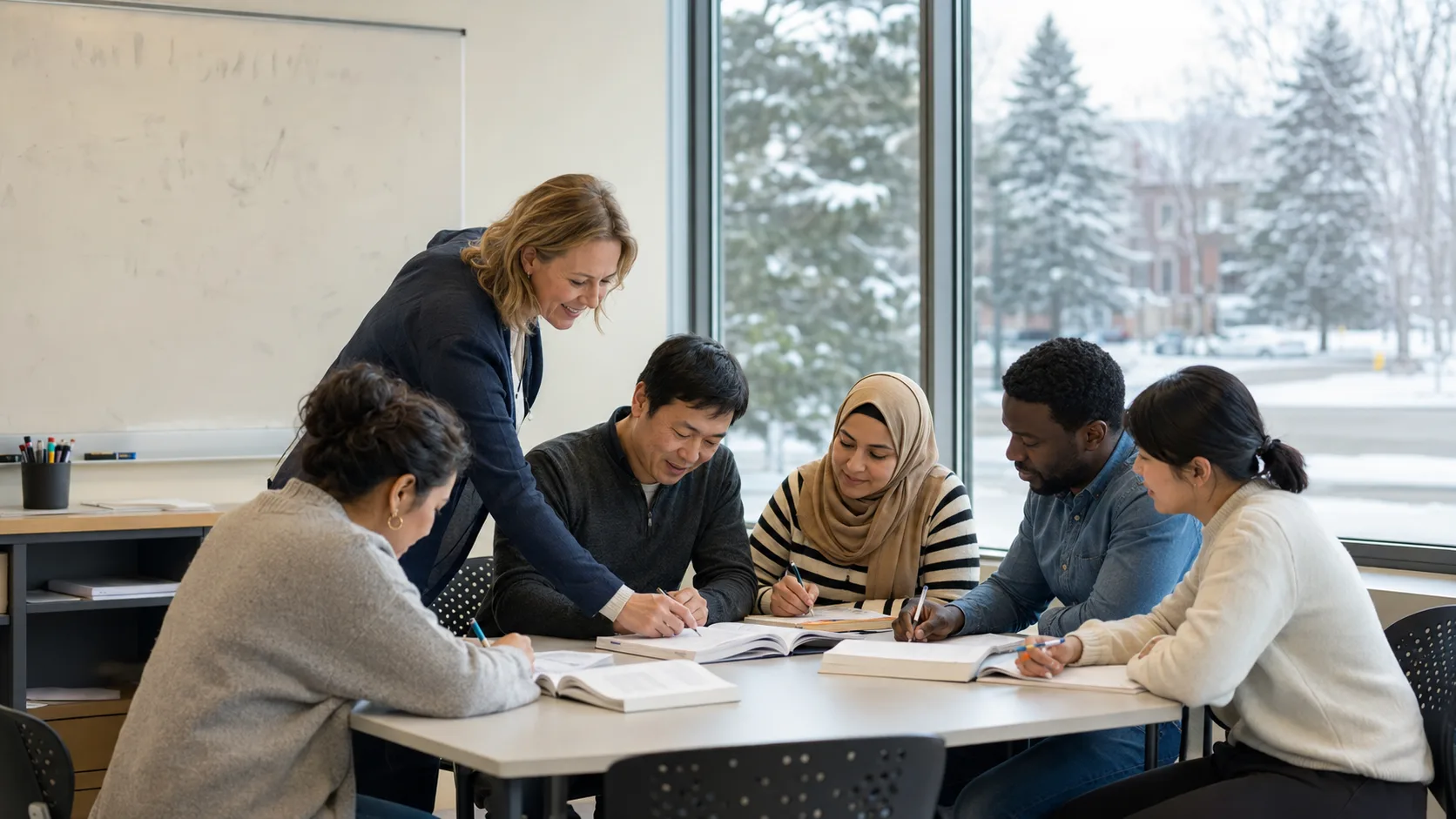 Teacher helping adult language students at a learning centre in Canada