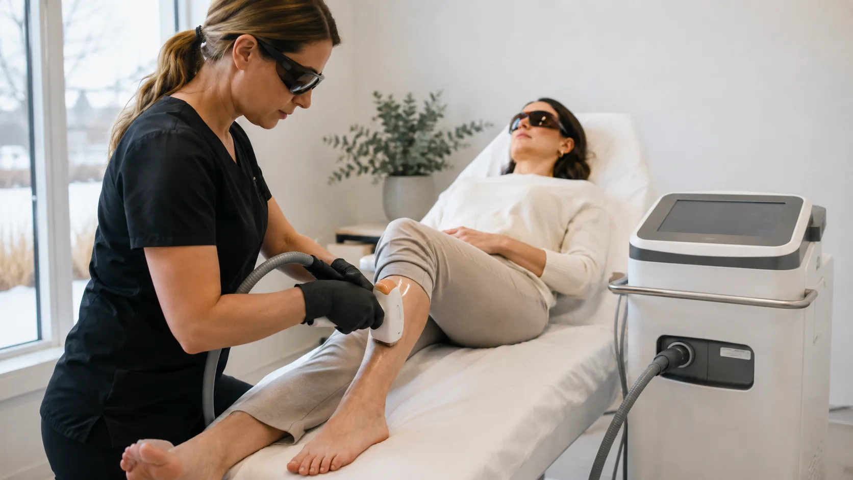 Laser technician treating a client’s lower leg inside a winter-lit studio in Canada