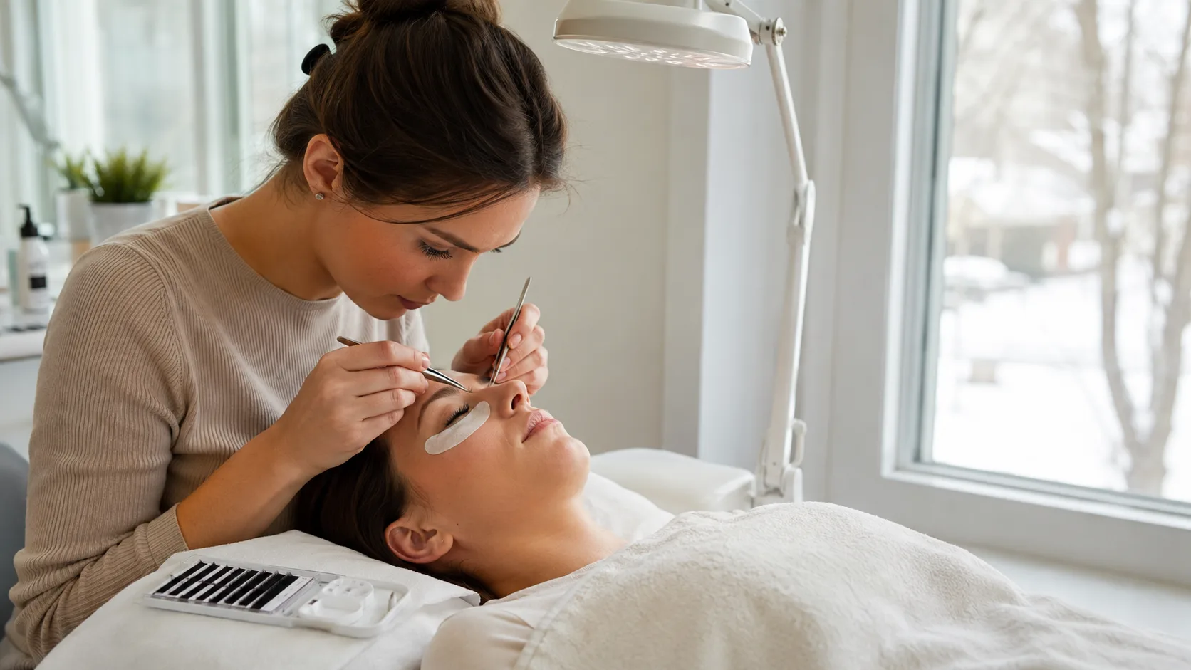 Lash artist applying extensions for a client inside a winter-lit studio in Canada