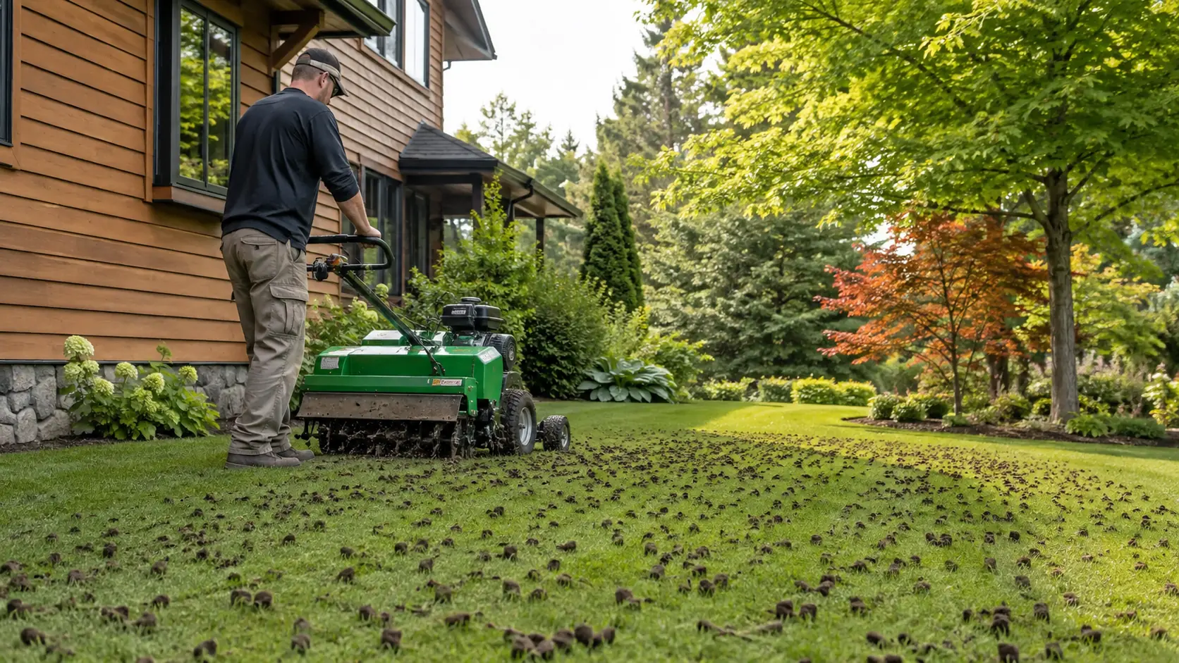 An operator pulls cores from a lawn beside a Canadian house as the maples turn