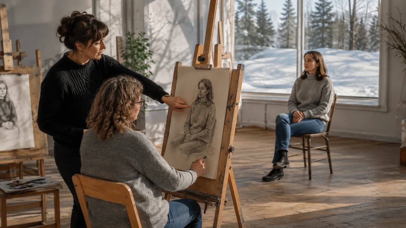 Artists drawing a clothed figure inside a bright studio in Canada