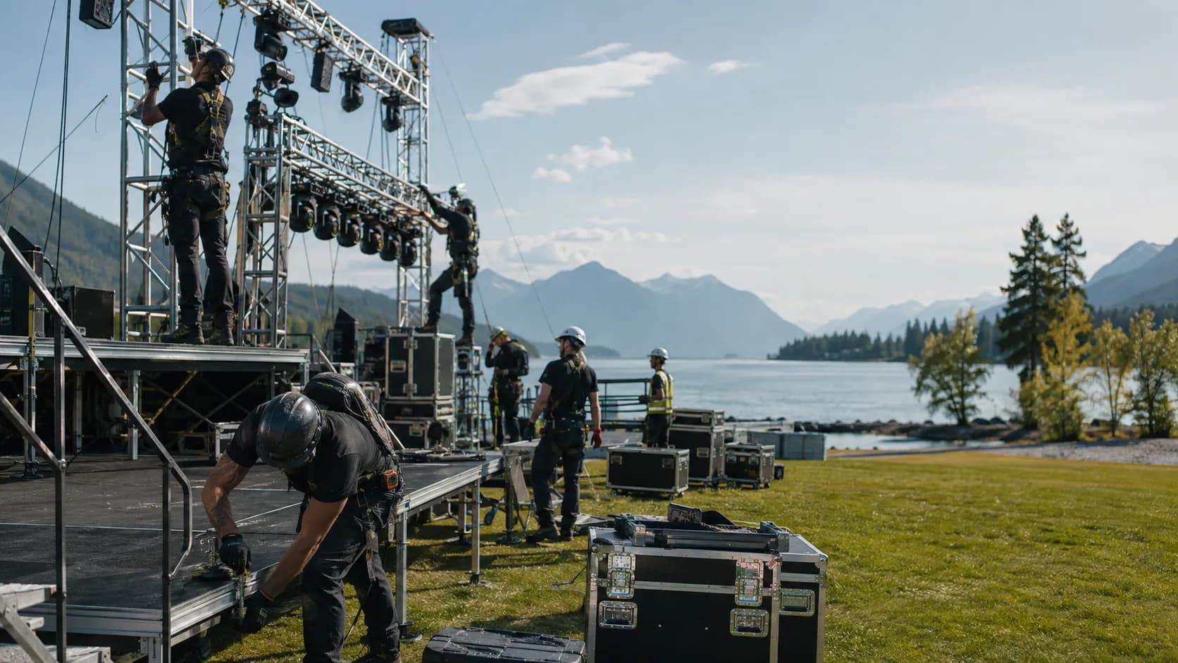 Customers pick up reserved lighting fixture, truss or stage deck from an active business in Canada