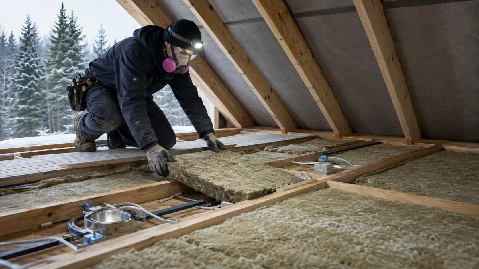 An insulation installer working in a roof space in Canada