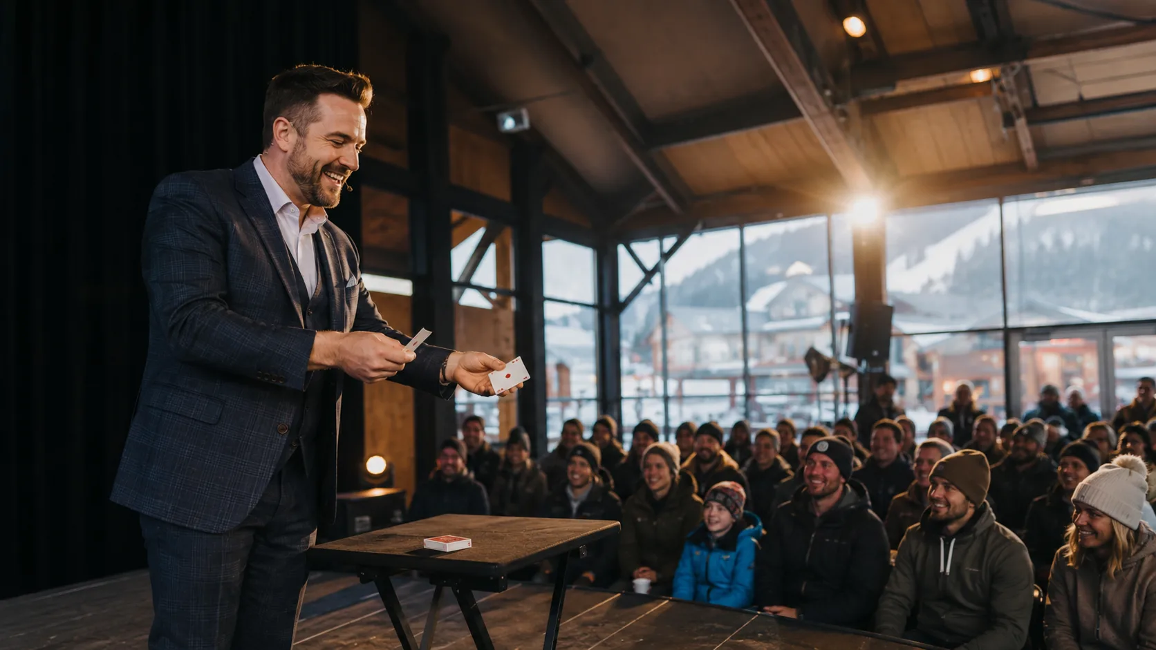 Magician performing close-up magic for delighted event guests in Canada