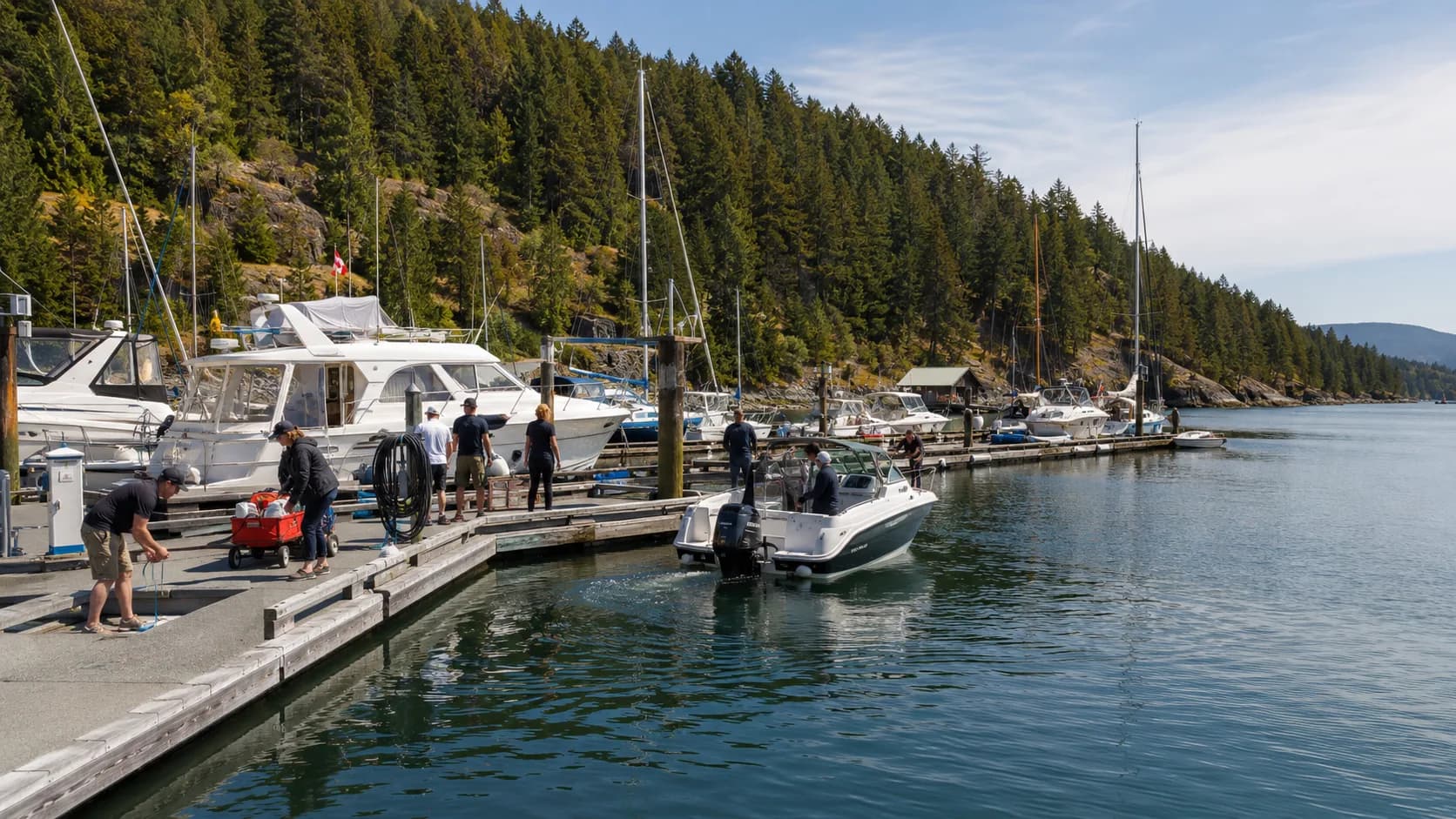 Guests arrive at occupied slip by vessel length in Canada in bright daylight