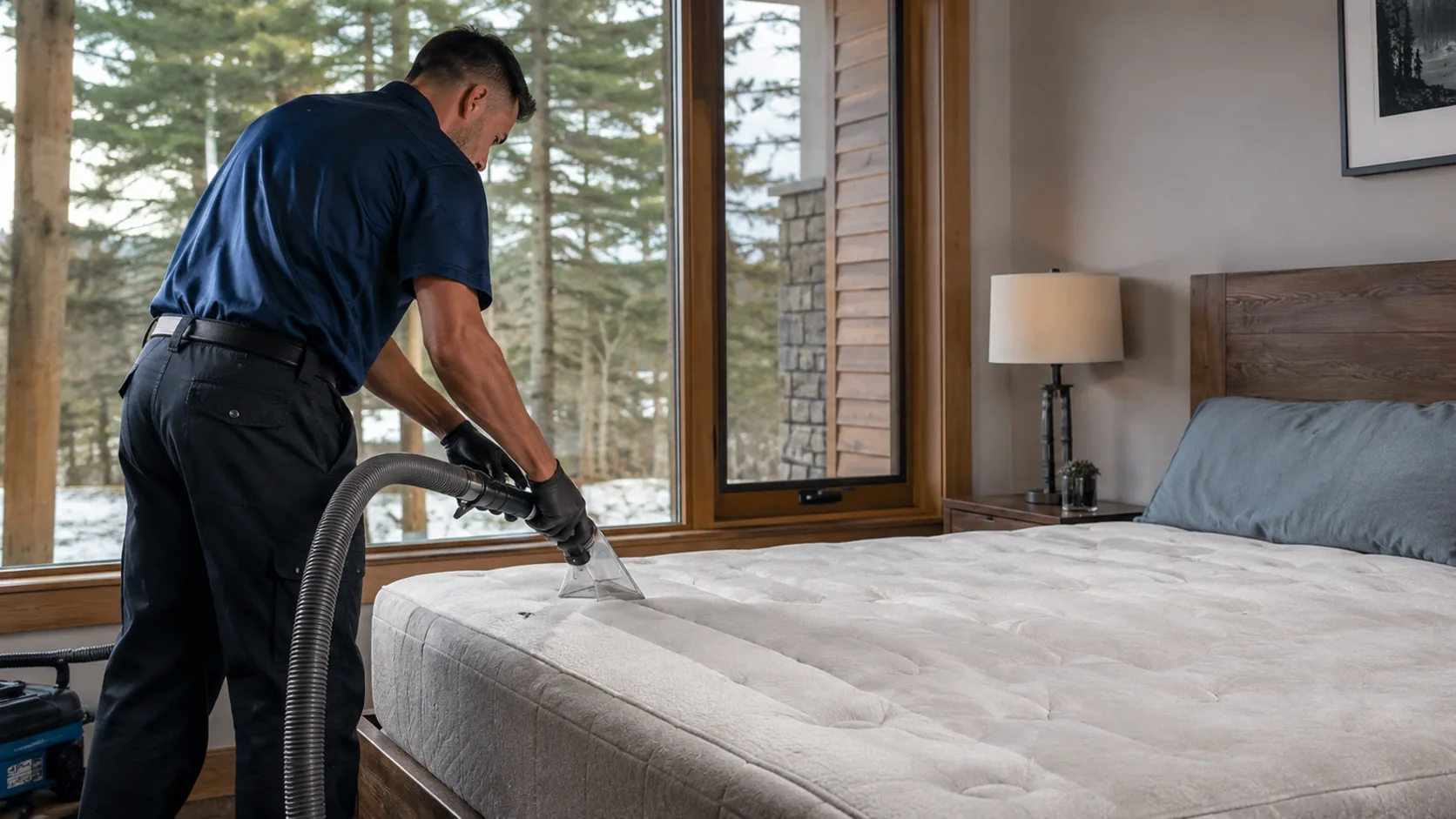 A technician deep-cleaning a mattress in a home in Canada