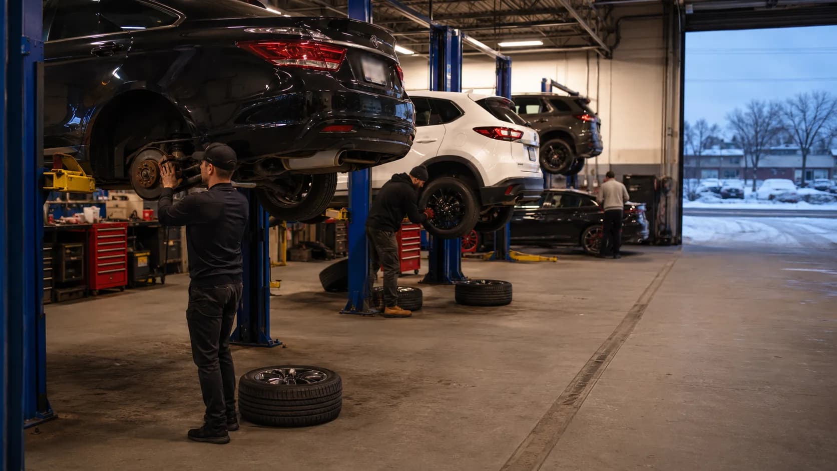 A winter tire group uses bright Canadian mechanic bays together