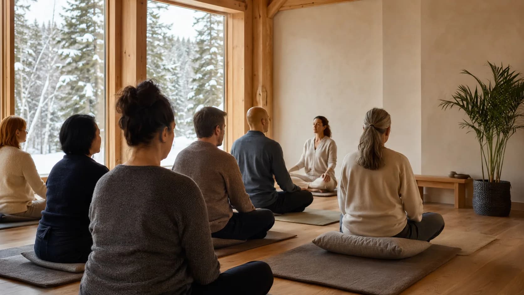 Meditation session in a warm studio in Canada overlooking snowy pines