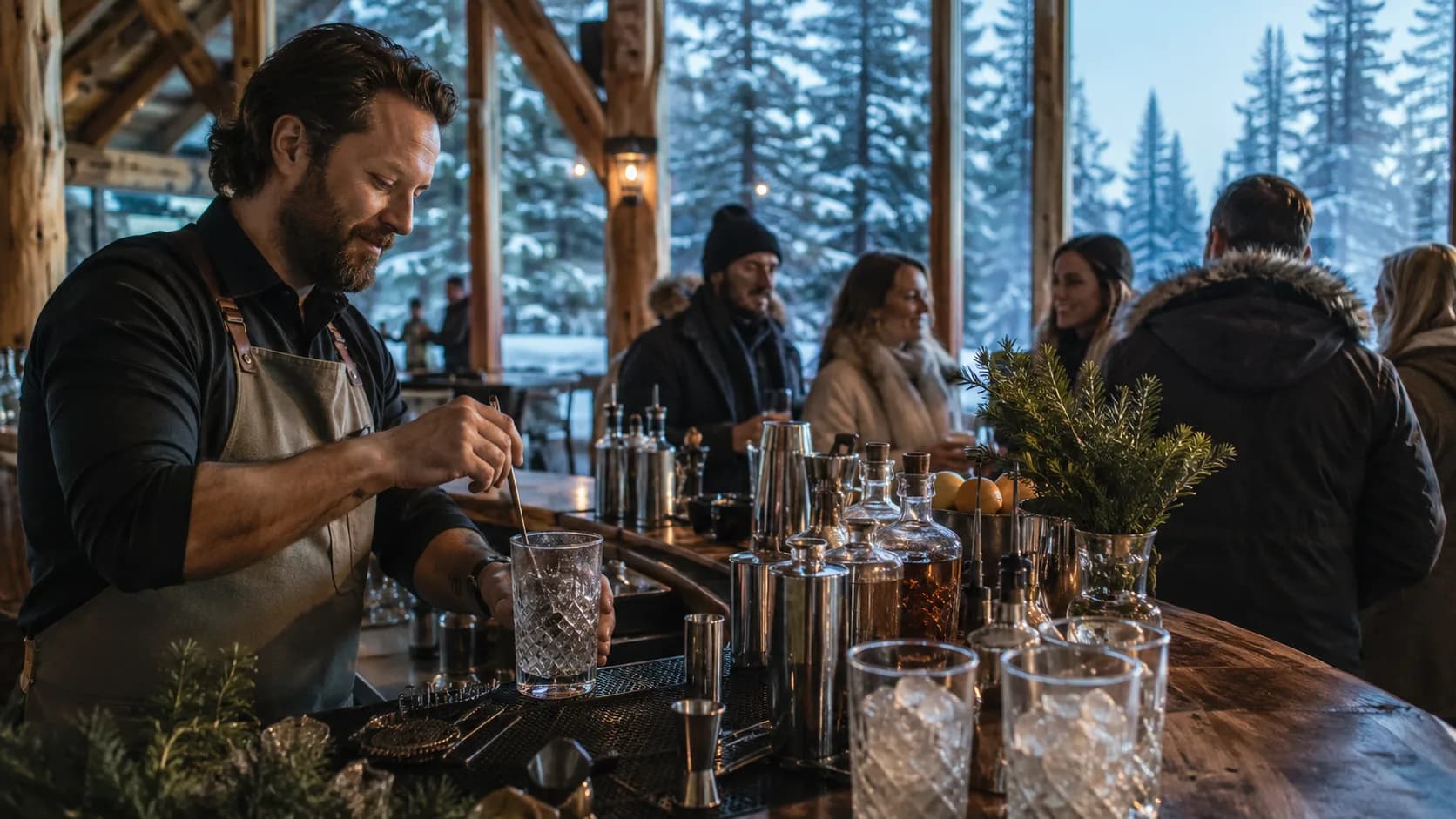 mobile bartender working inside a snowy winter lodge in Canada