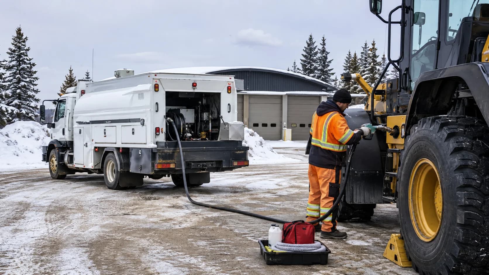 A fuel truck filling a wheel loader on a snowy yard, the operator at the nozzle in a high-visibility jacket