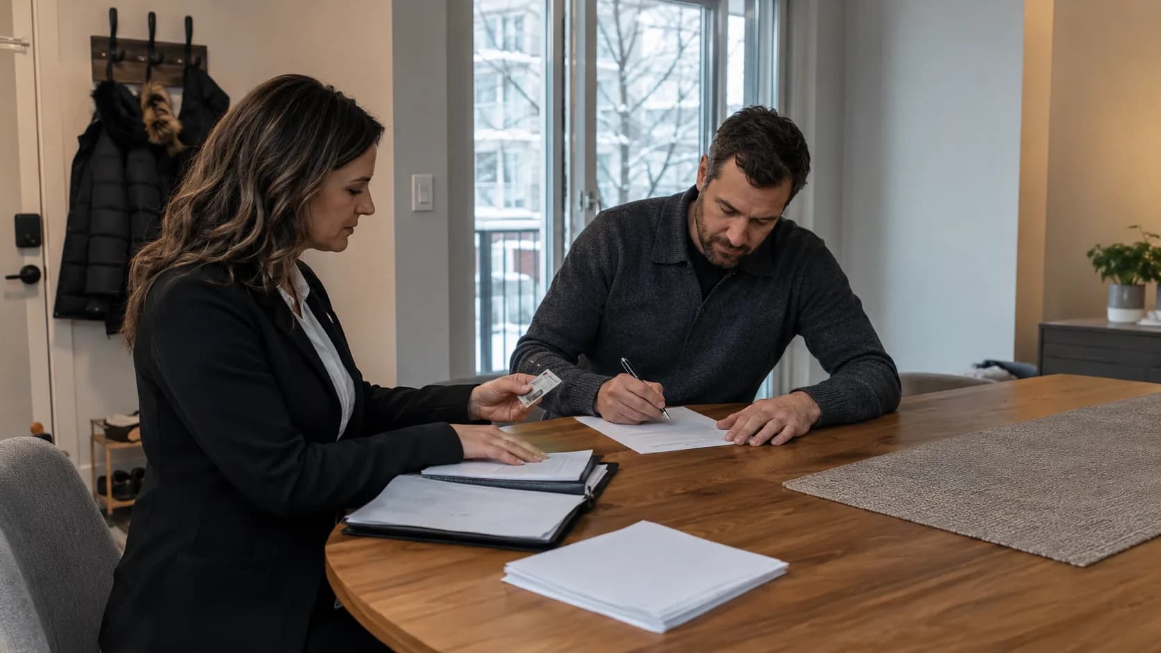 A notary witnesses a signature at a dining table in a Canadian apartment