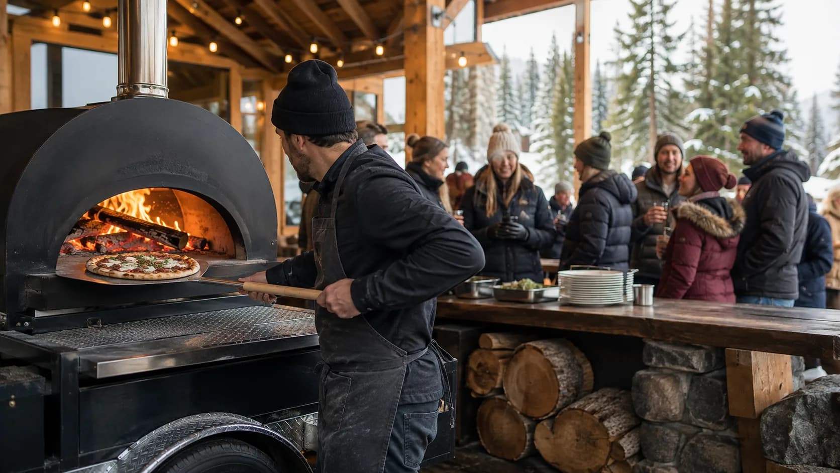 mobile pizza cook working beside snow at a winter lodge in Canada