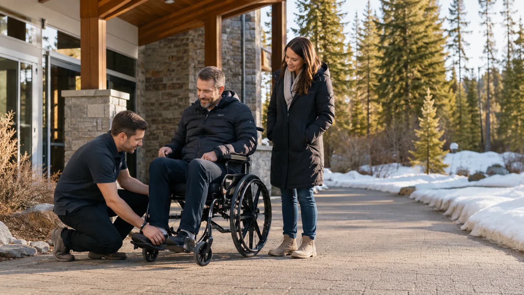 Operator adjusting a wheelchair outside a snowy lodge in Canada