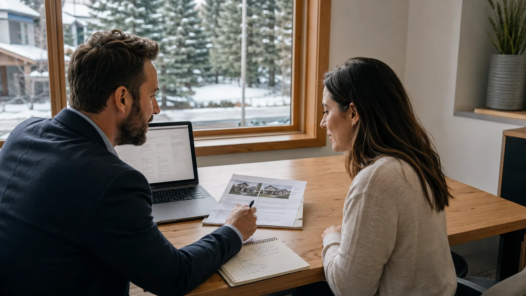 A mortgage broker compares lending scenarios with a buyer in Canada