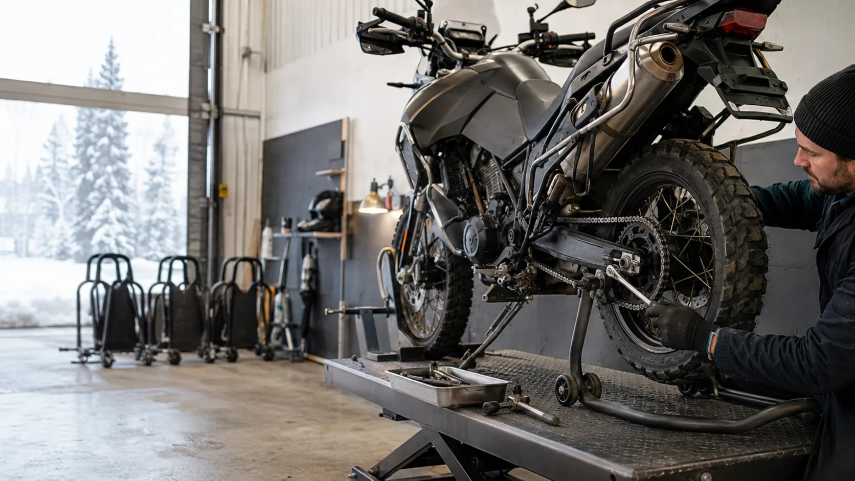 A mechanic working on a motorcycle in a workshop in Canada