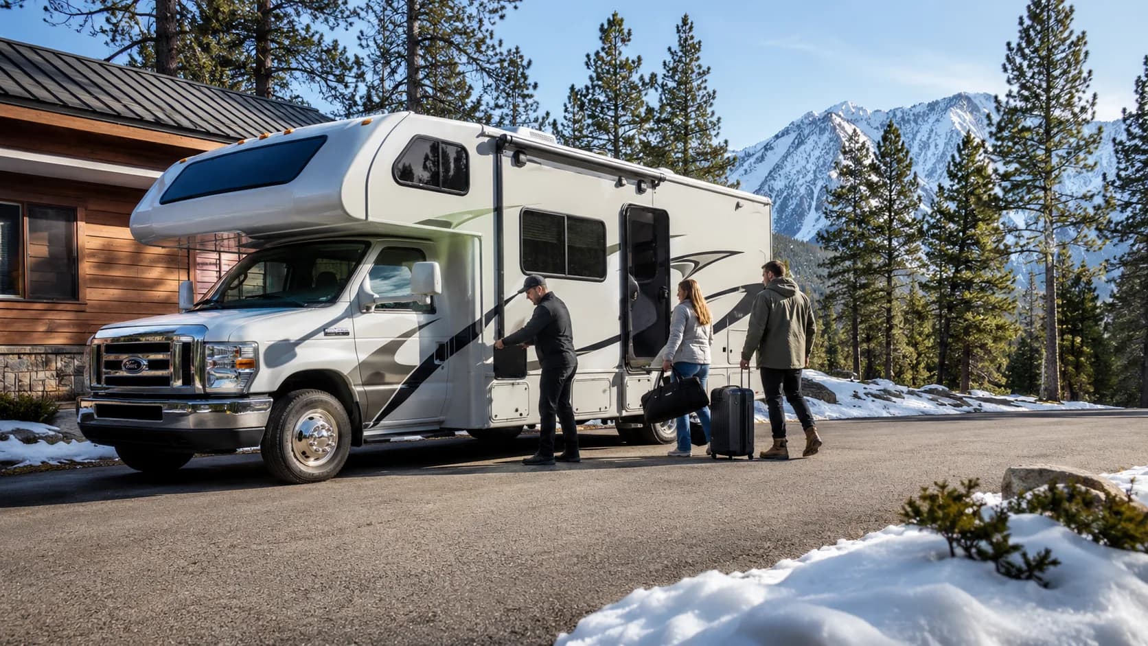 Guests receiving an RV beside snowy mountains during a service handover in Canada