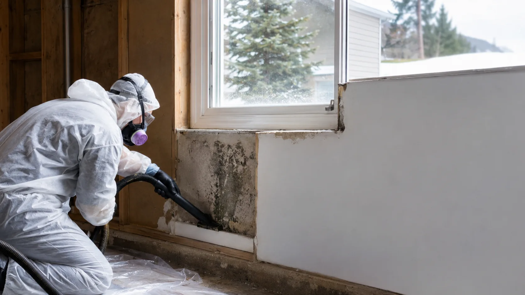 A specialist in protective gear treating a bedroom ceiling in a house in Canada