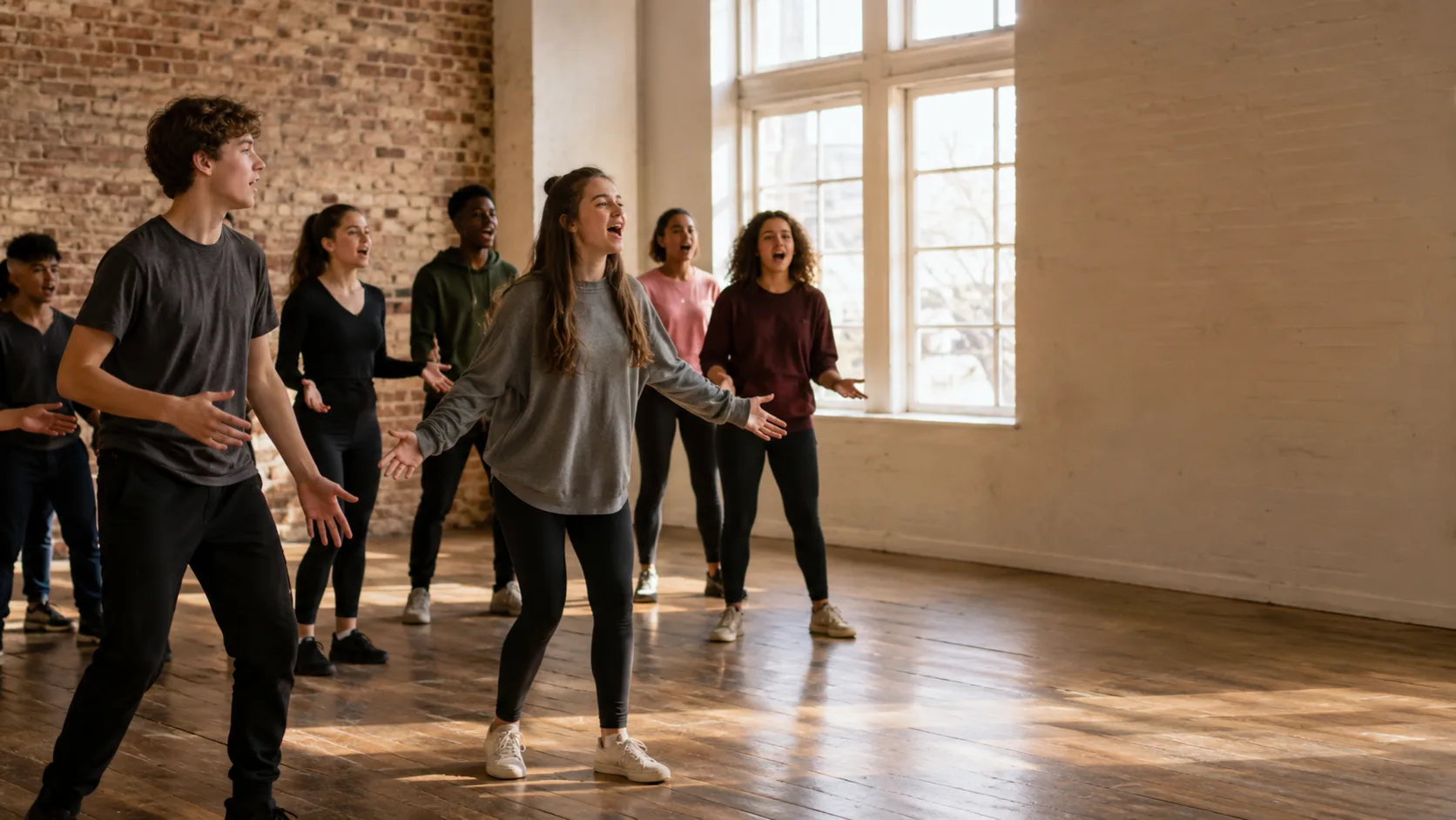 Young musical theatre cast rehearsing in a community studio in Canada