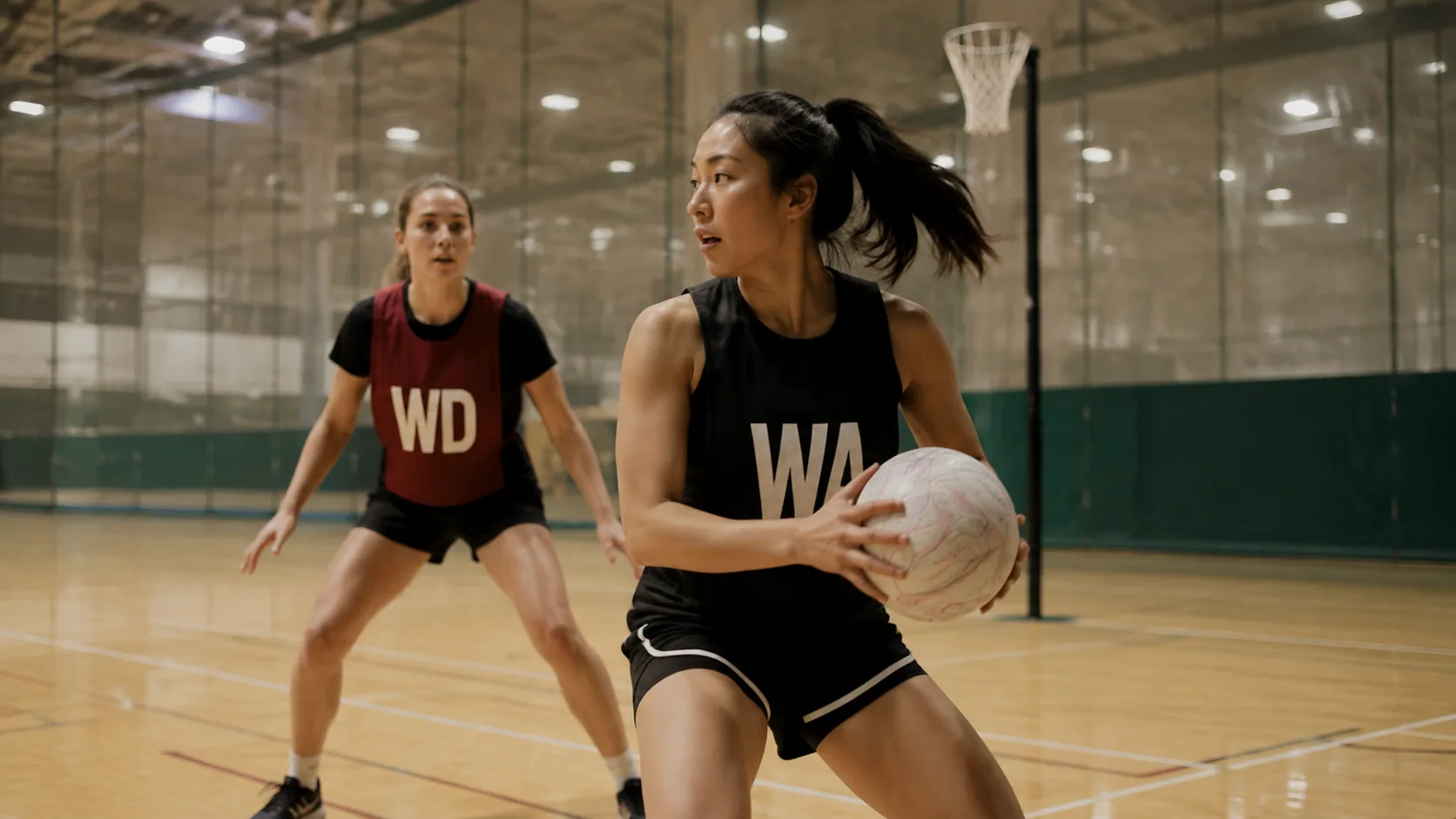 An indoor gym court set up for netball at a Canadian community facility, lined and lit for winter rentals