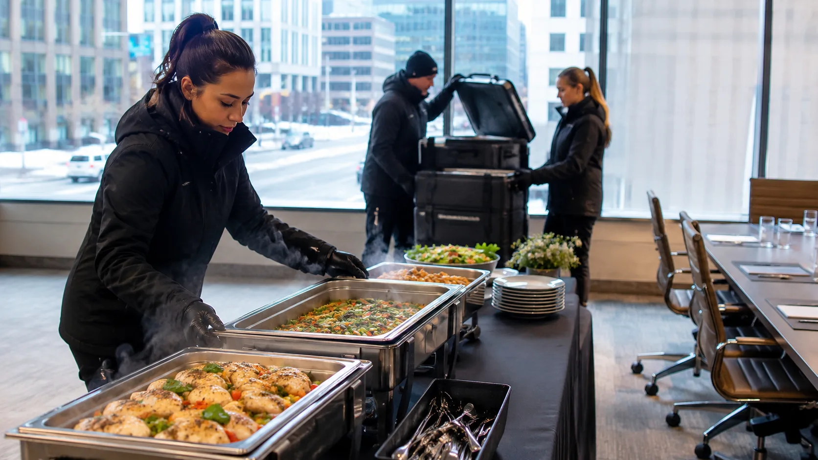 caterer setting hot lunch beside snowy office windows in Canada