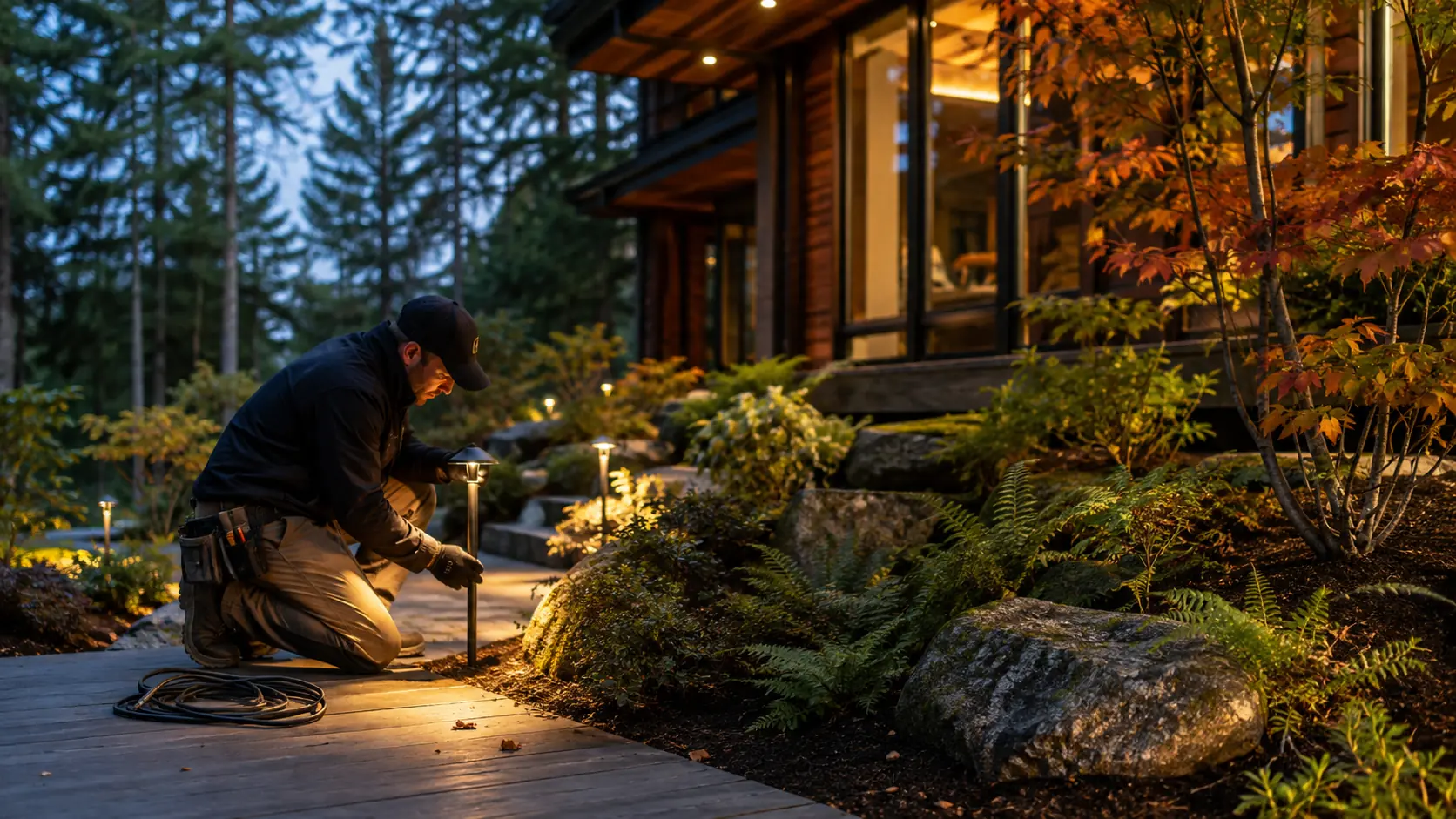 An installer fits a low-voltage light among rocks beside a Canadian home at dusk