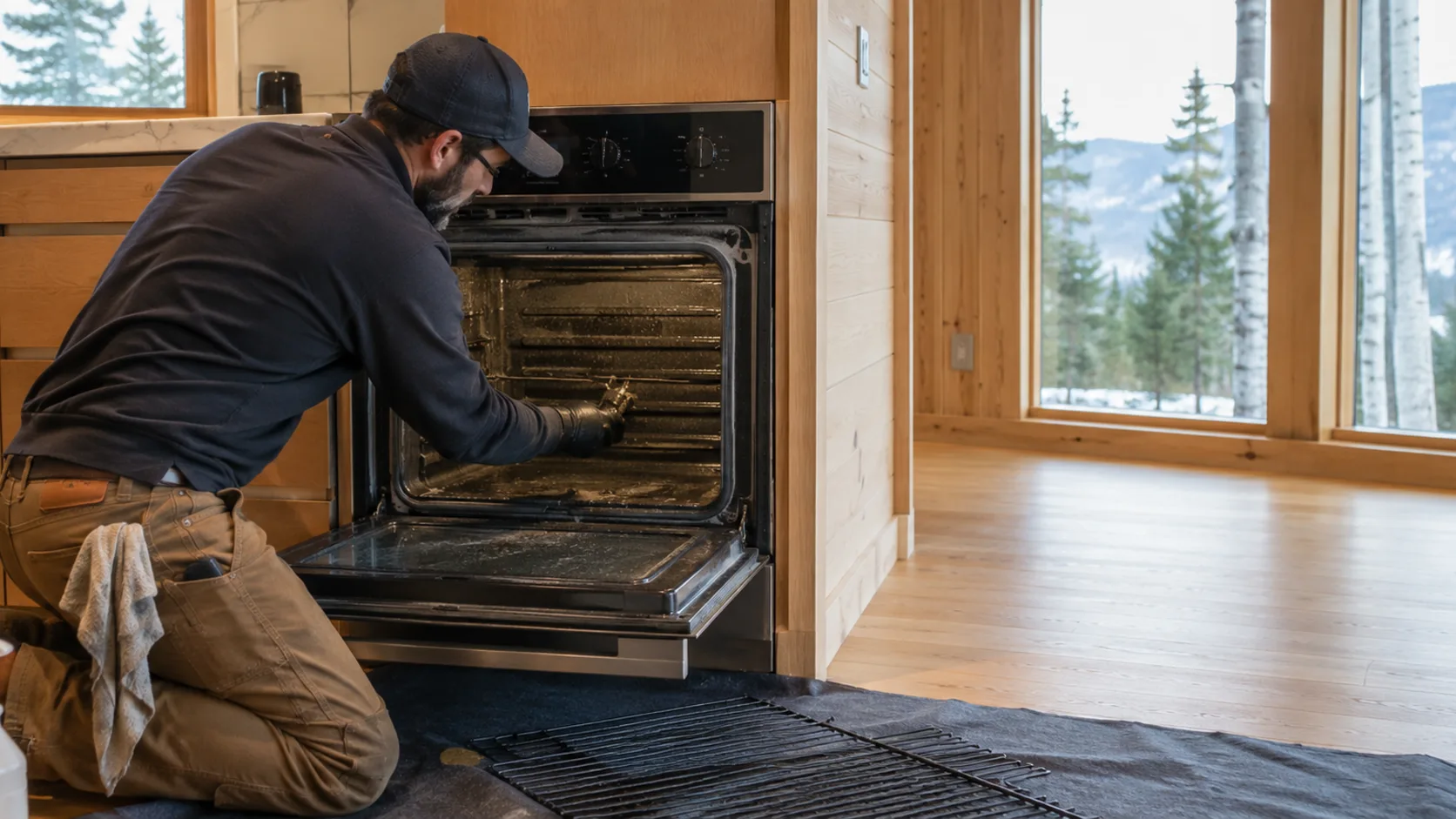 An oven cleaner lifting the racks out of a kitchen oven in Canada