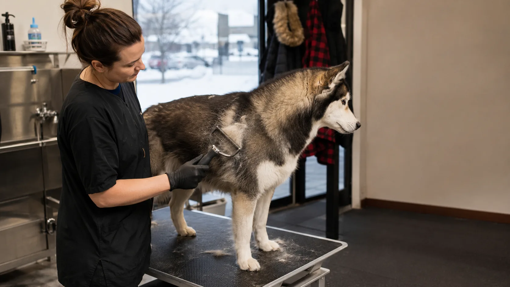 A groomer brushes a husky at a table in a Canadian grooming salon