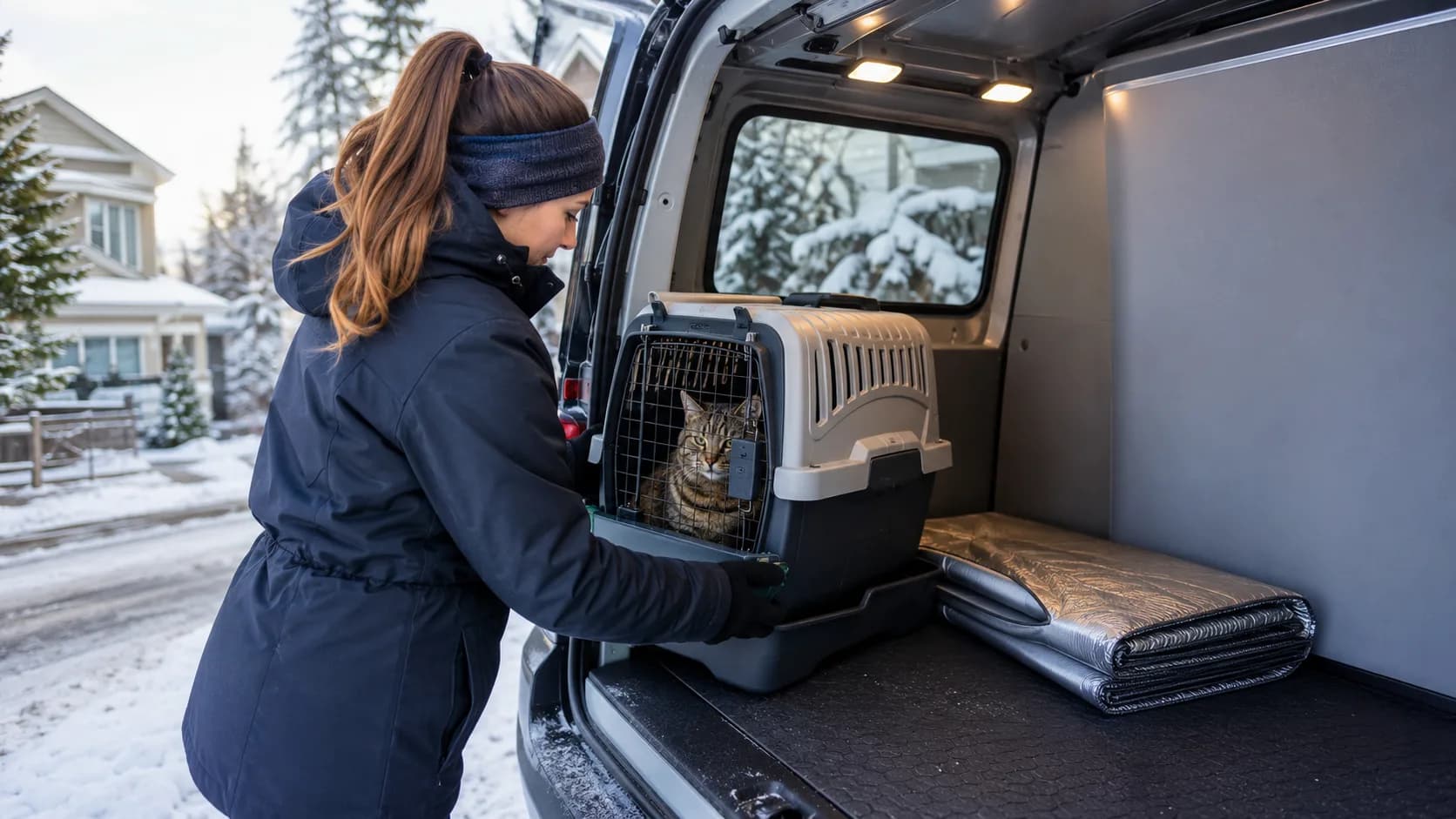 A driver loads a cat carrier into a van outside a snowy Canadian house