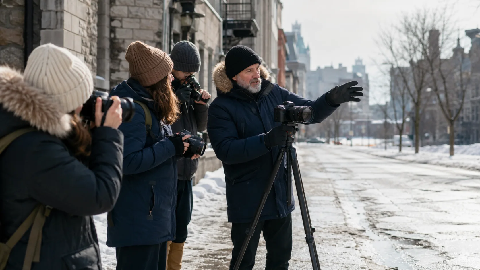 Photographer guiding a winter street photography group in Canada