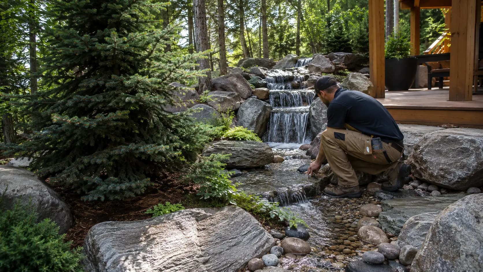 A technician works on a rock waterfall beside a timber deck among conifers