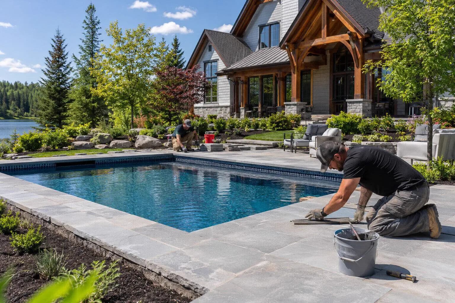 A crew shaping the shell of a new backyard pool in Canada