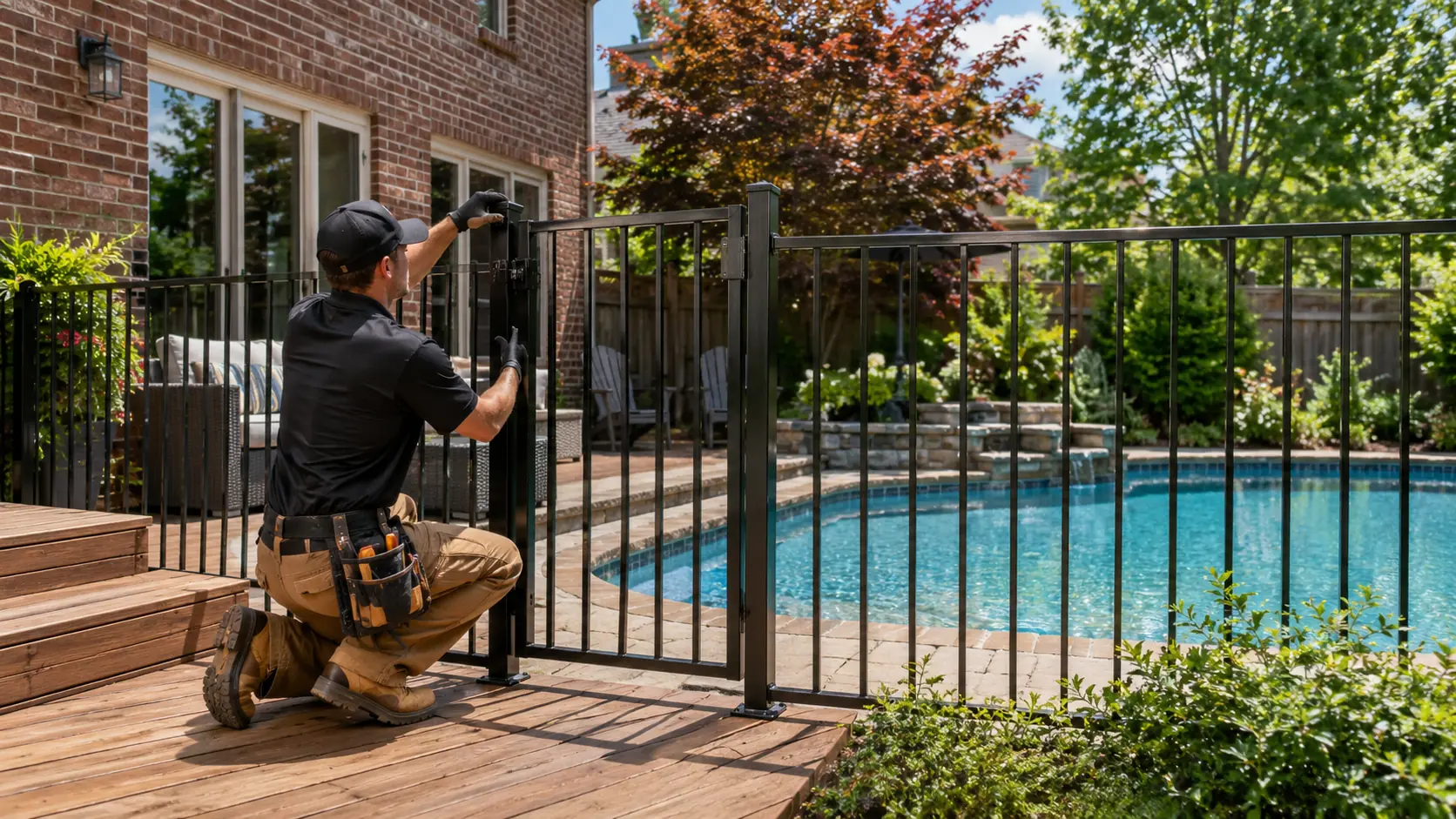 An installer fits pool fence panels beside a deck at a Canadian brick home
