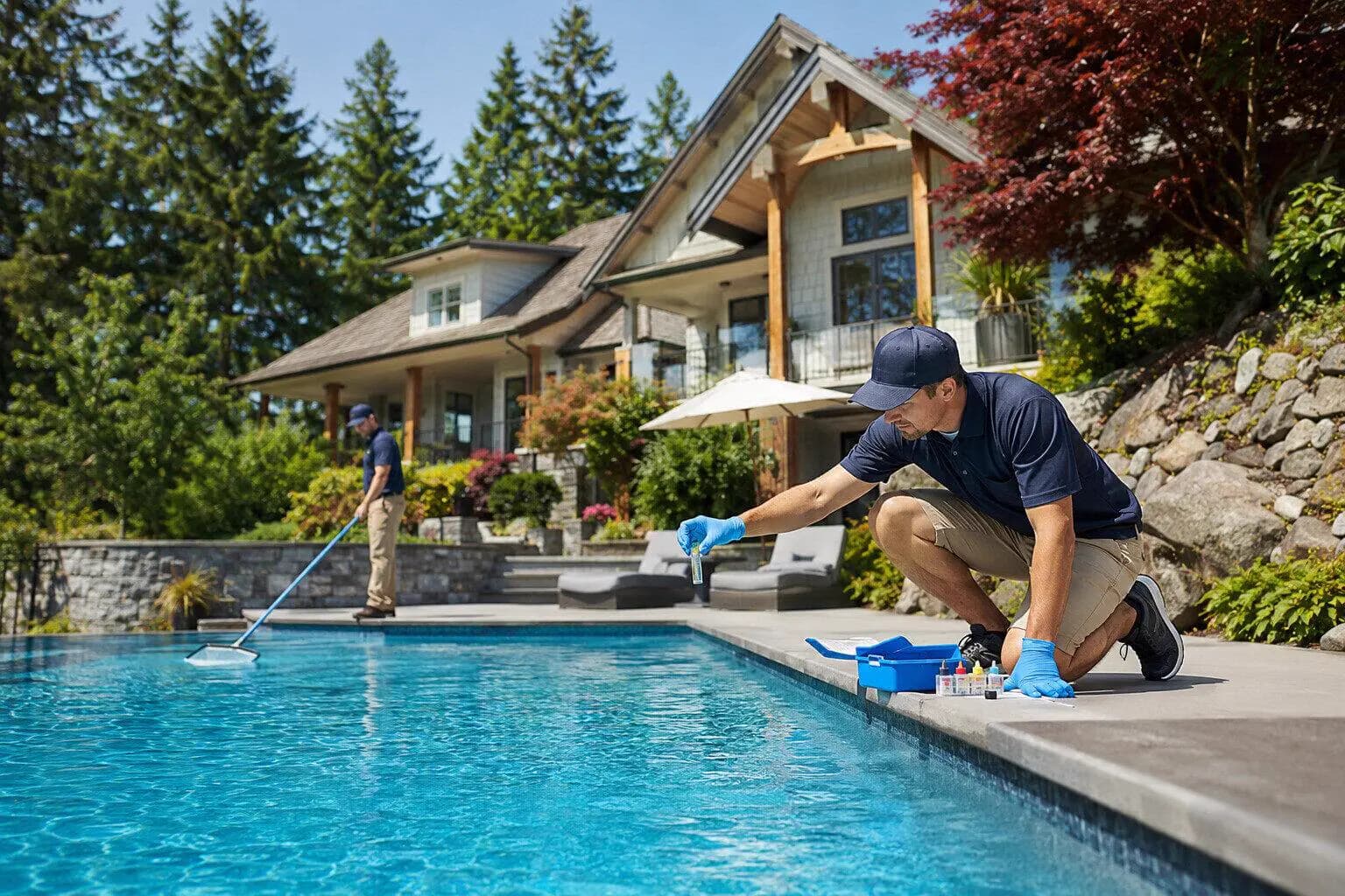A pool technician servicing a backyard pool in Canada