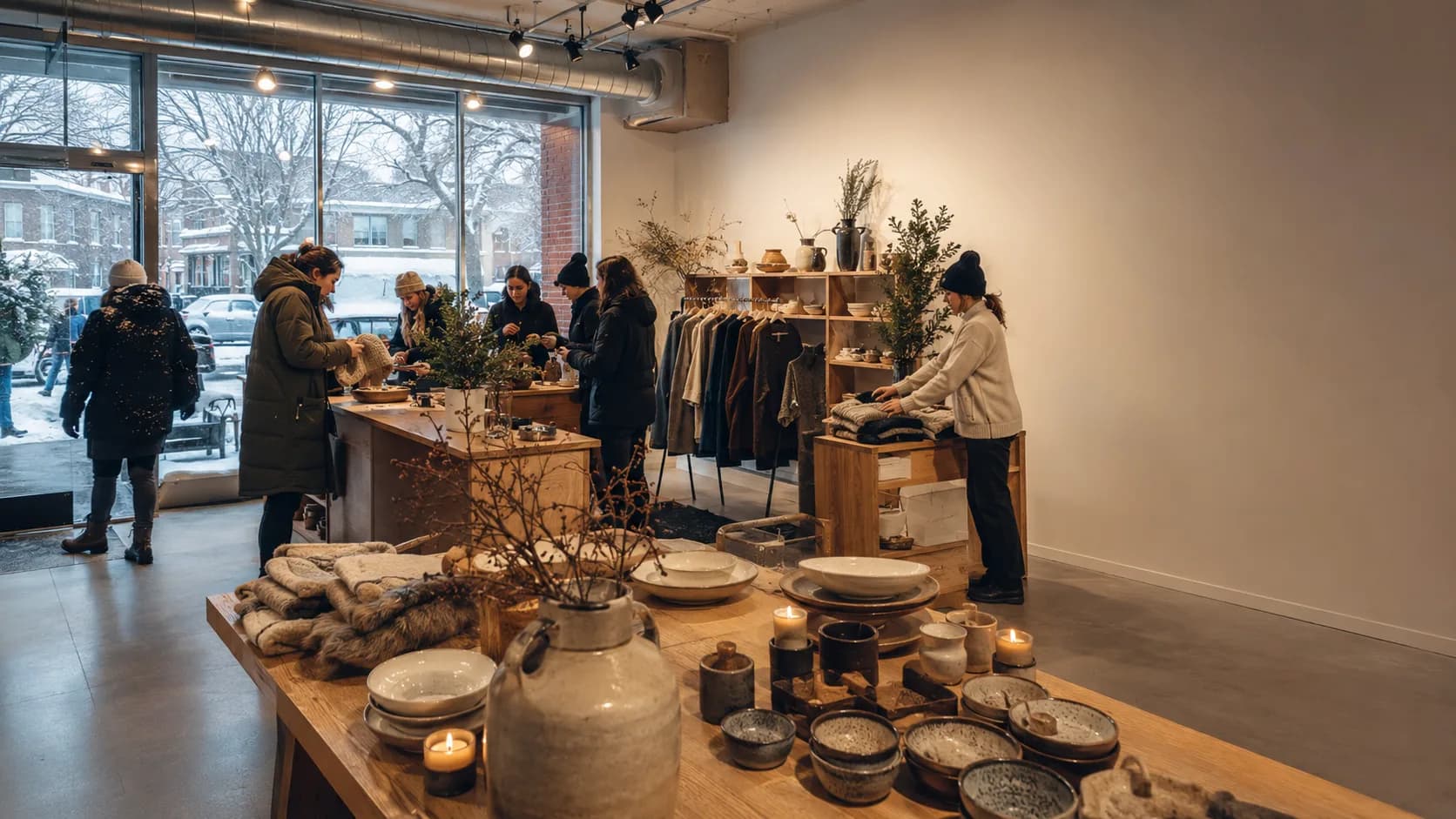 Staff prepare an active pop-up shop as customers begin arriving