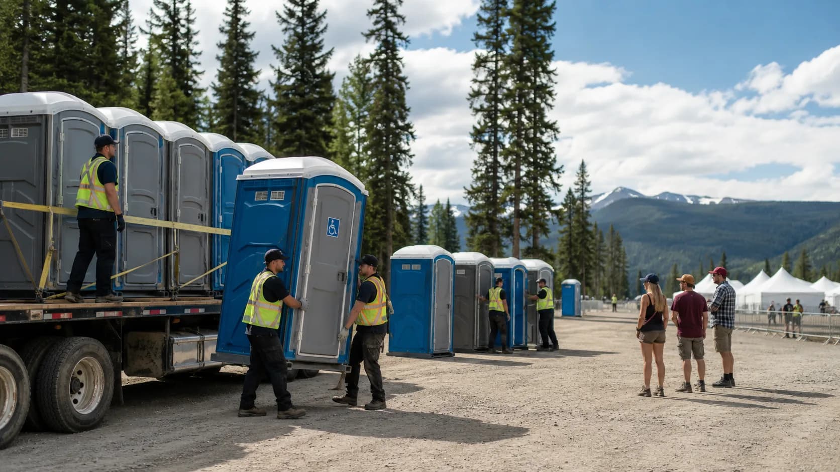 Customers pick up reserved portable toilet unit model from an active business in Canada