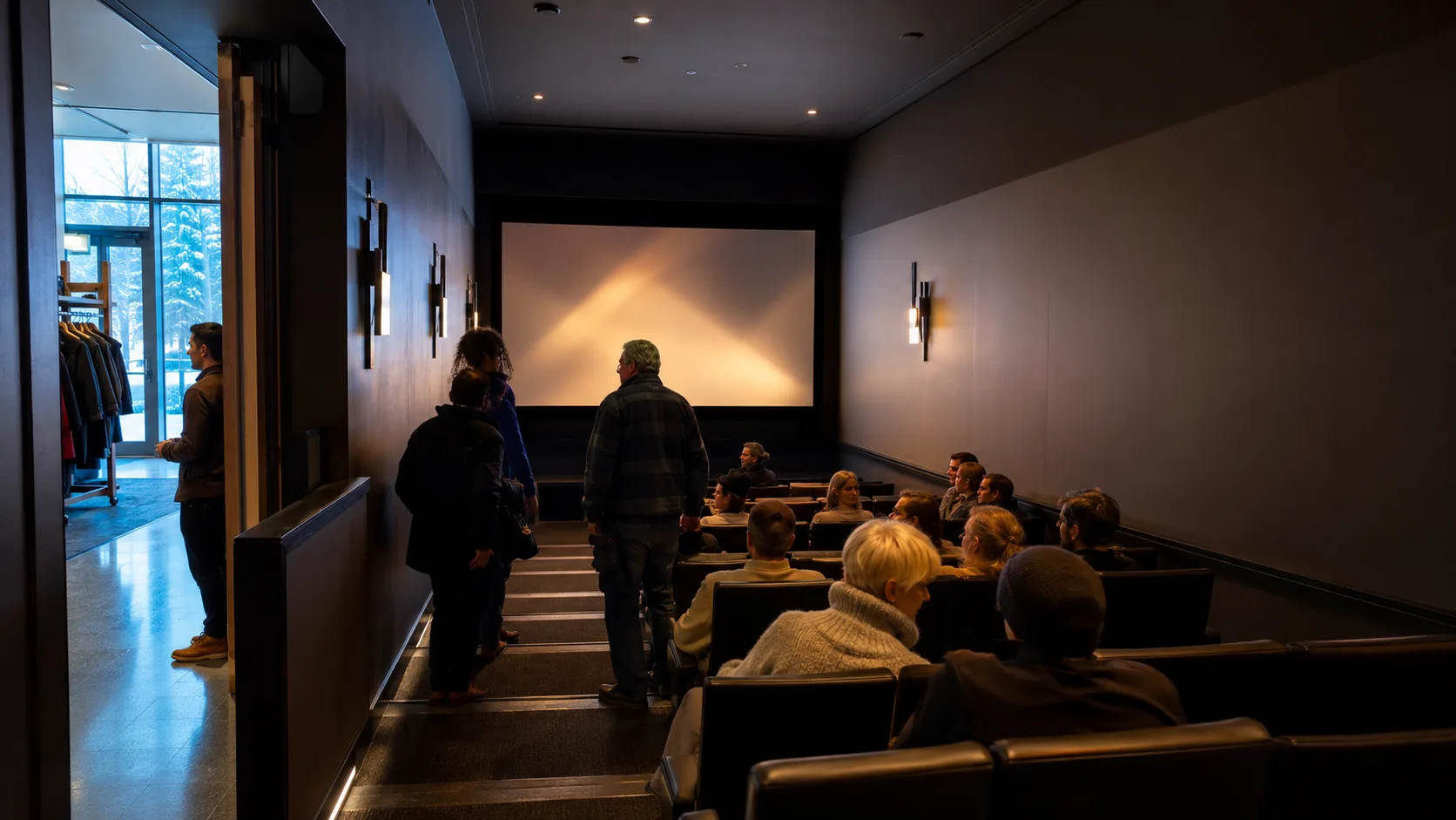Guests arrive at a warm private cinema during a snowy morning