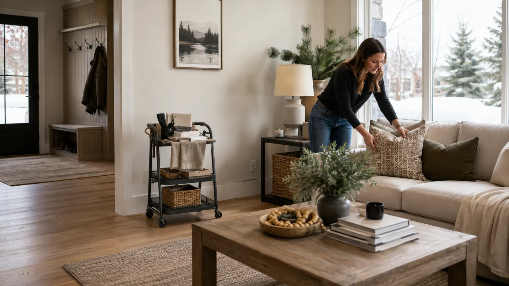 A stylist dressing an empty living room for sale in Canada