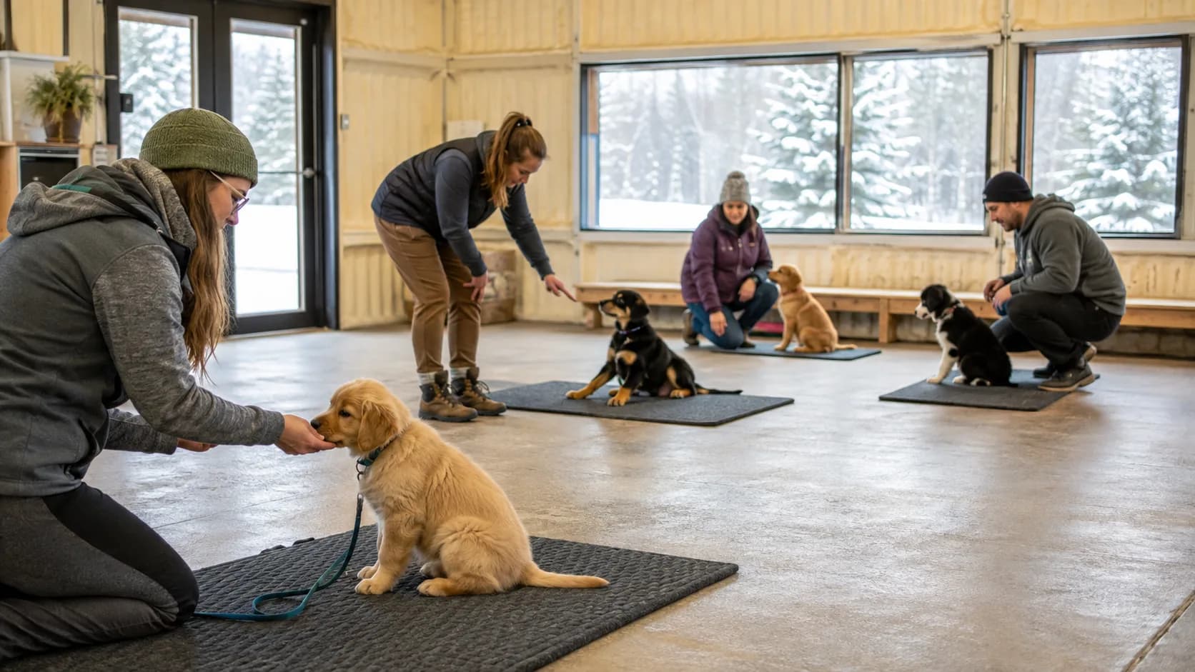 A puppy class practises indoors during winter in Canada