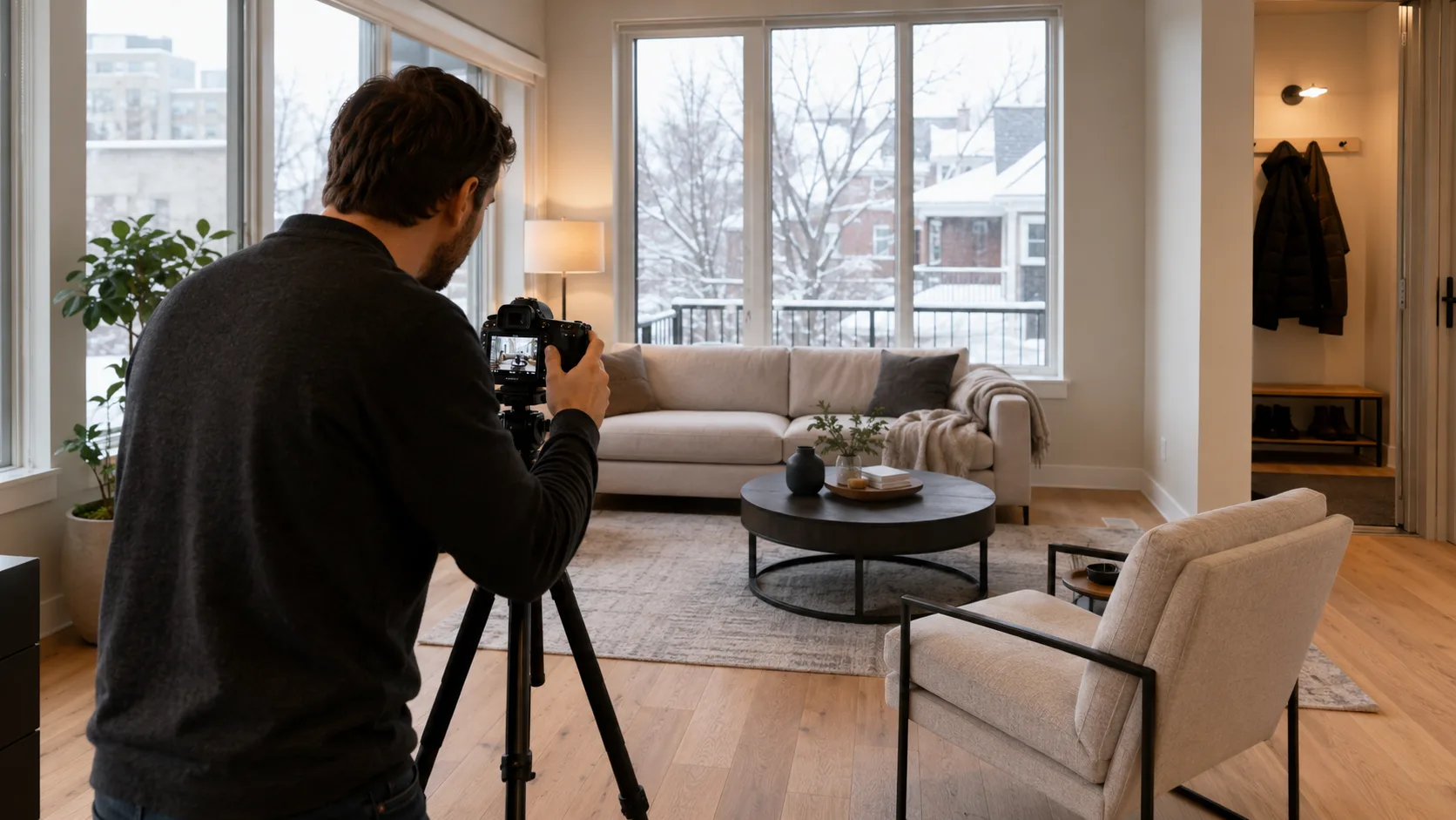 A photographer shoots a bright living room in a Canadian apartment