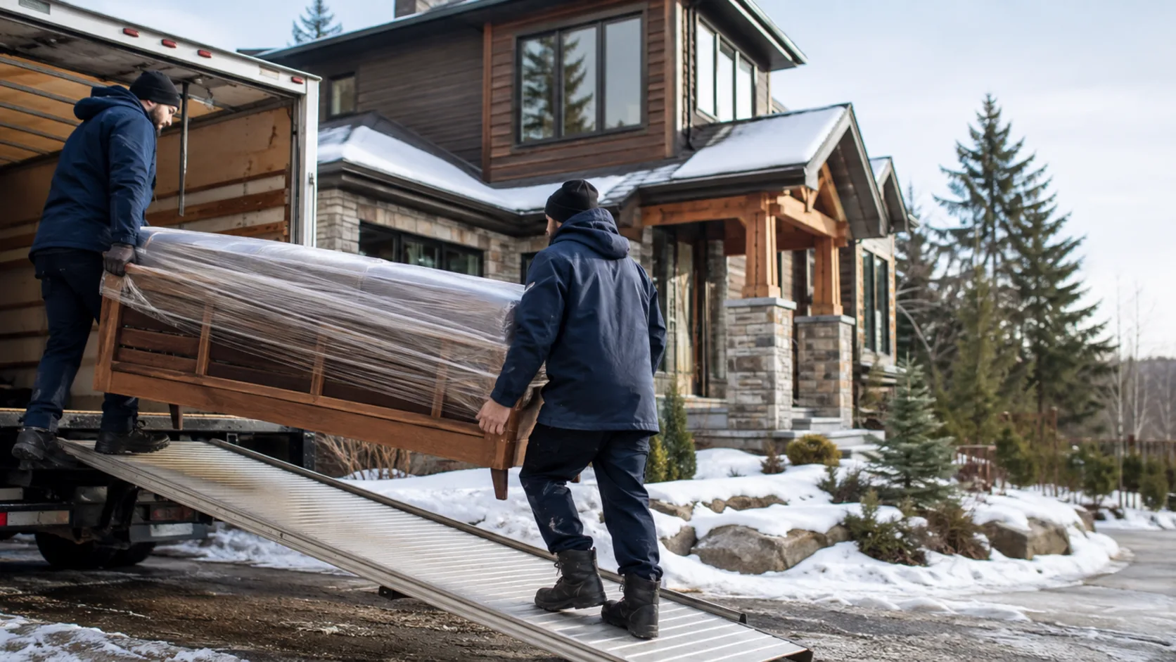 A moving crew carrying a sofa into a truck outside a home in Canada