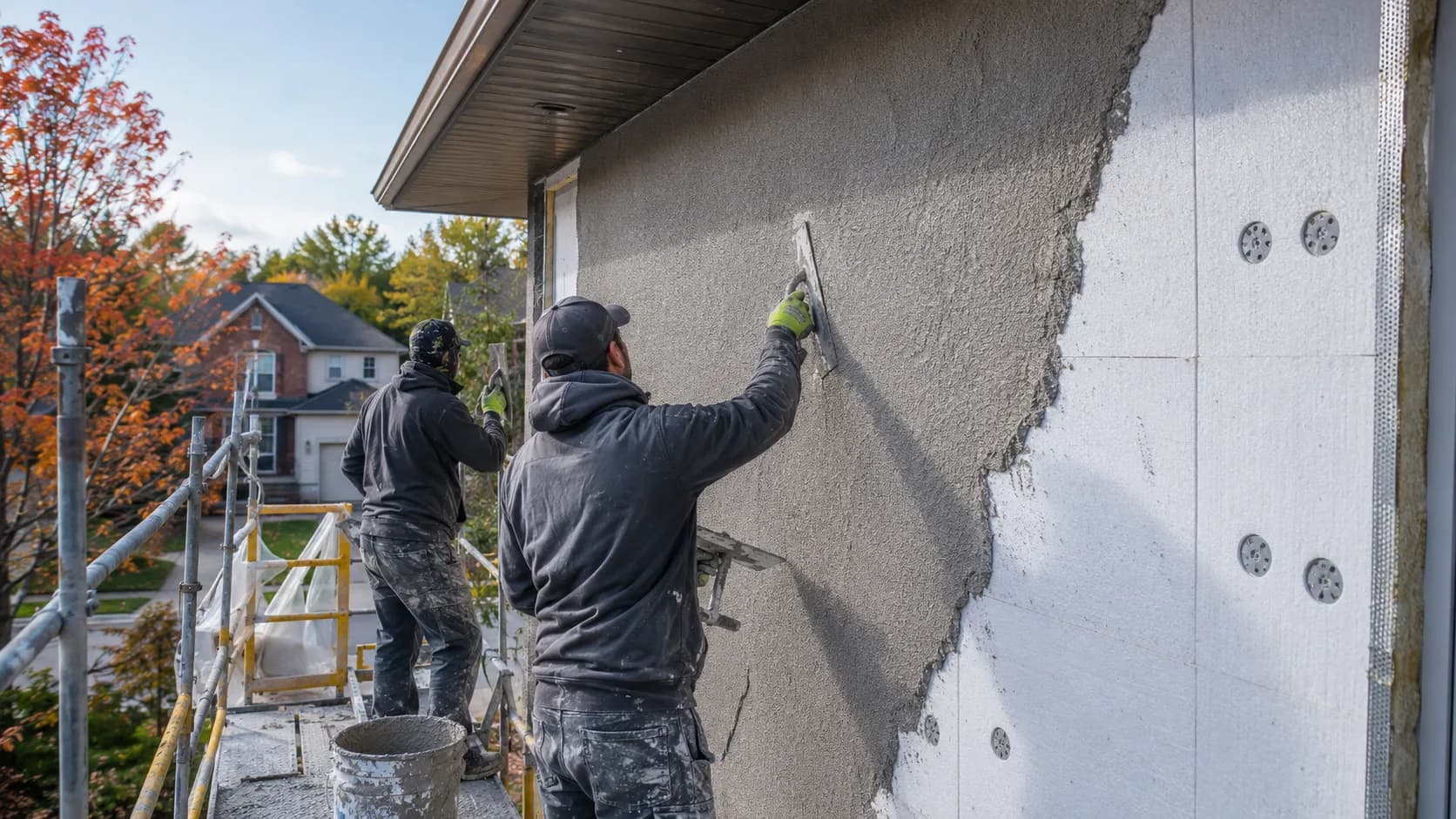 A renderer floating a coat of render onto a house wall in Canada