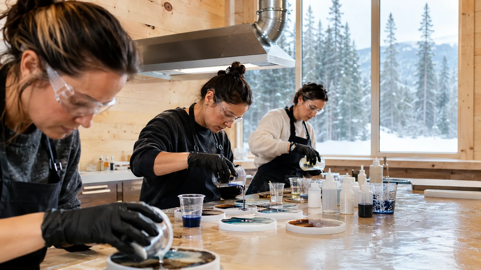 An artist tutor guides a resin pour at ventilated workshop stations in Canada