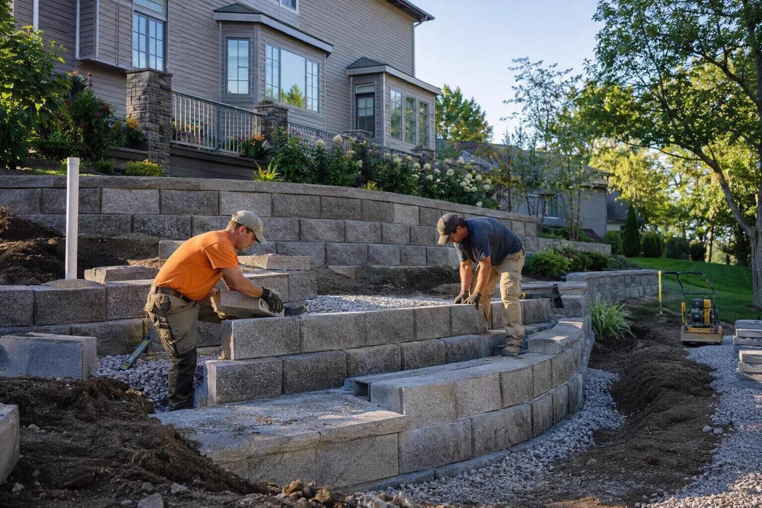 A builder setting a retaining wall in a sloping back garden in Canada