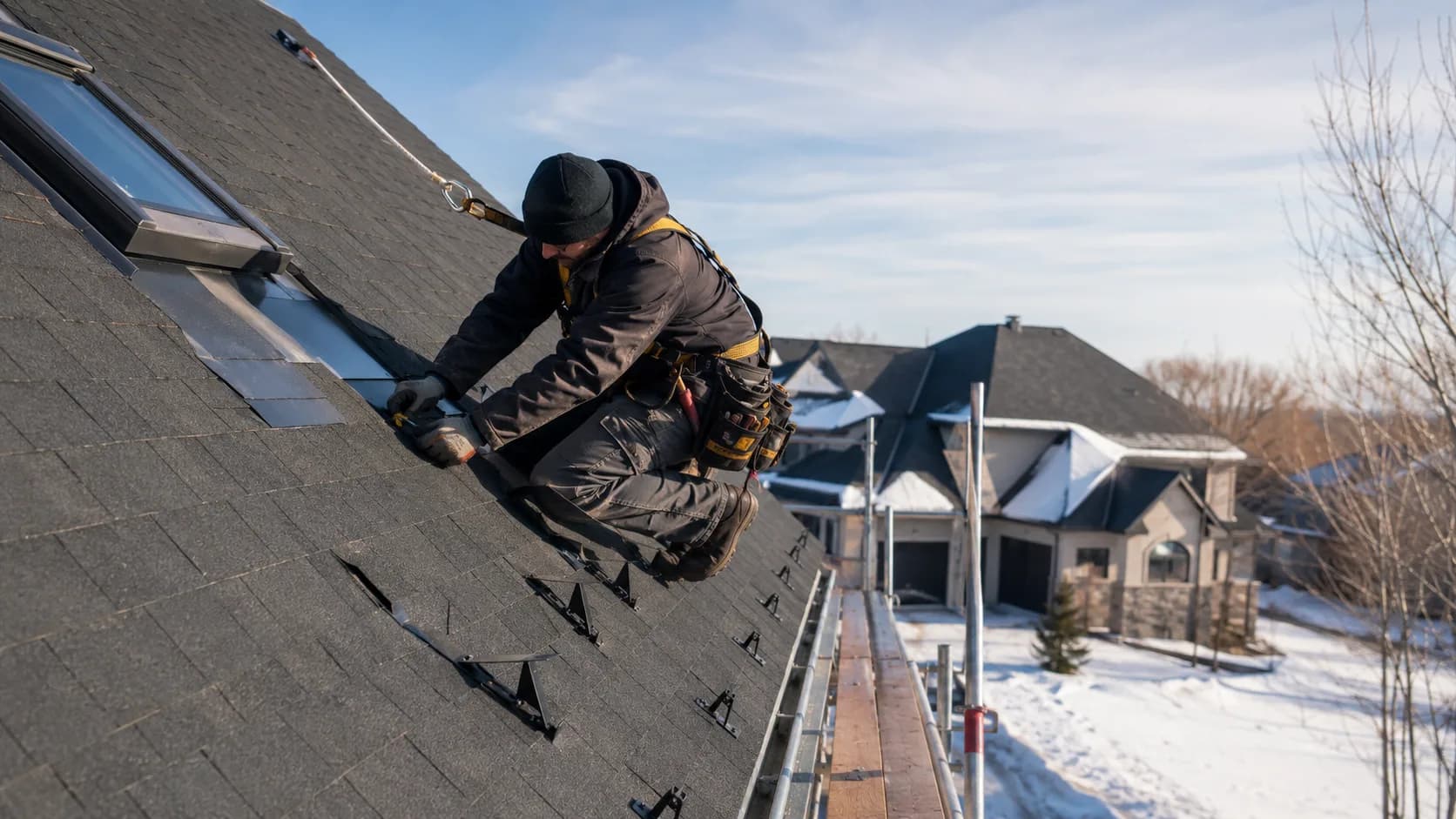 A roofer at work on a house roof in Canada