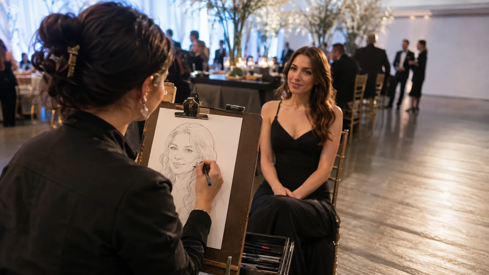 Caricaturist sketching a guest at a lively event in Canada