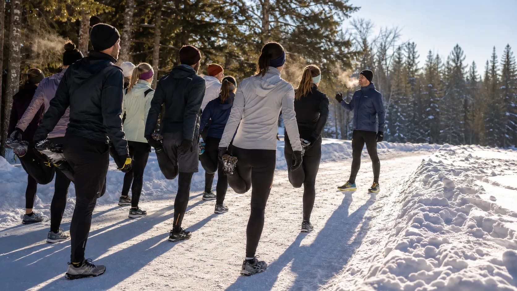A winter run club completes a coached session in Canada