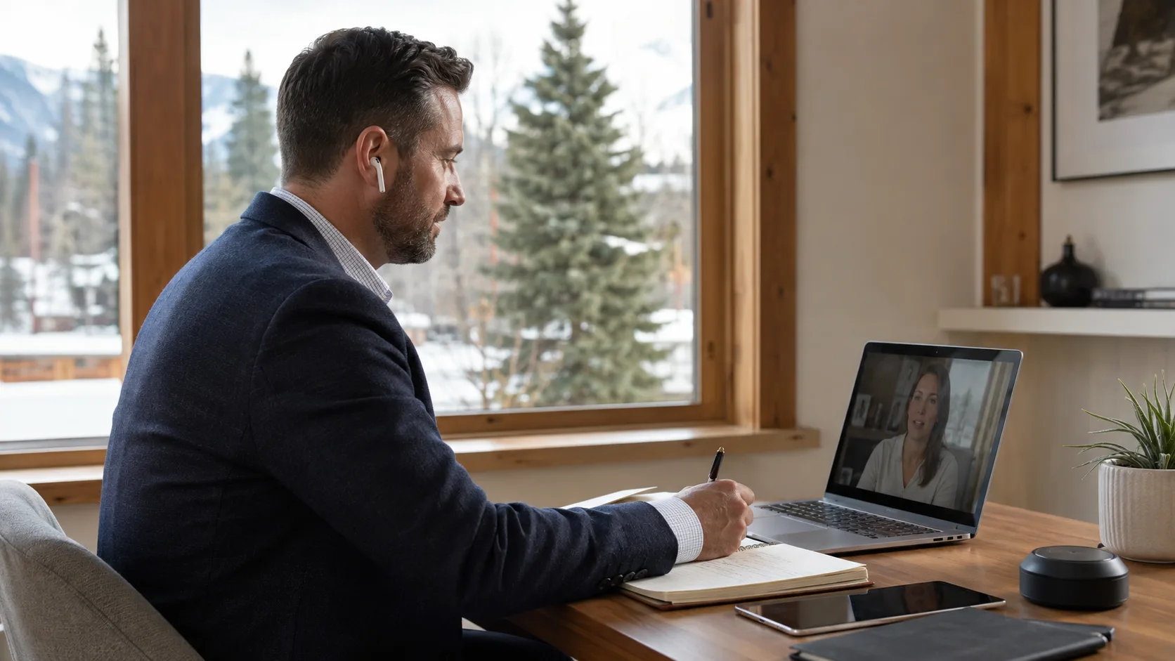 A sales professional takes notes during a scheduled video call in Canada