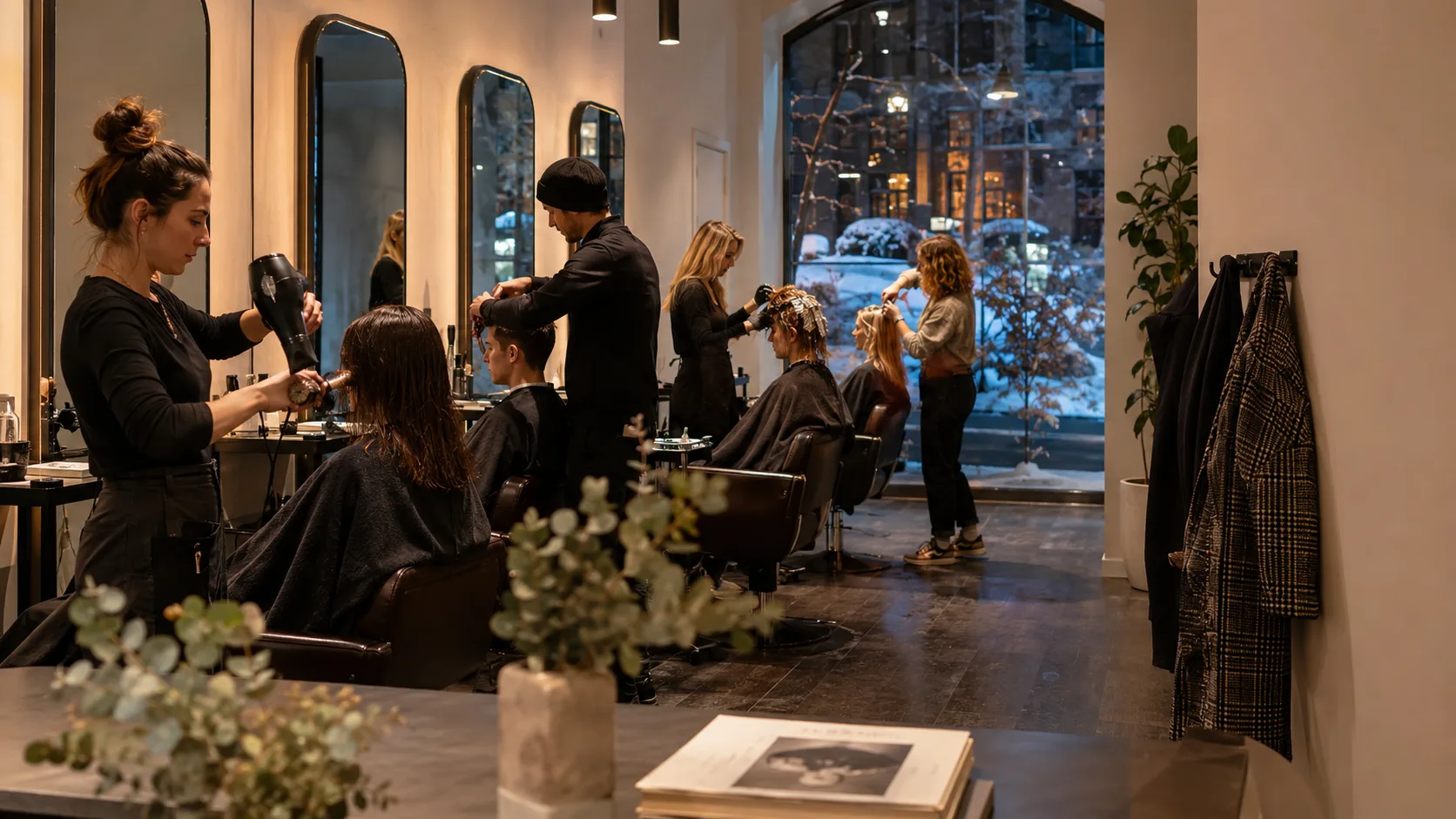 Independent stylists work from occupied chairs inside a bright shared salon