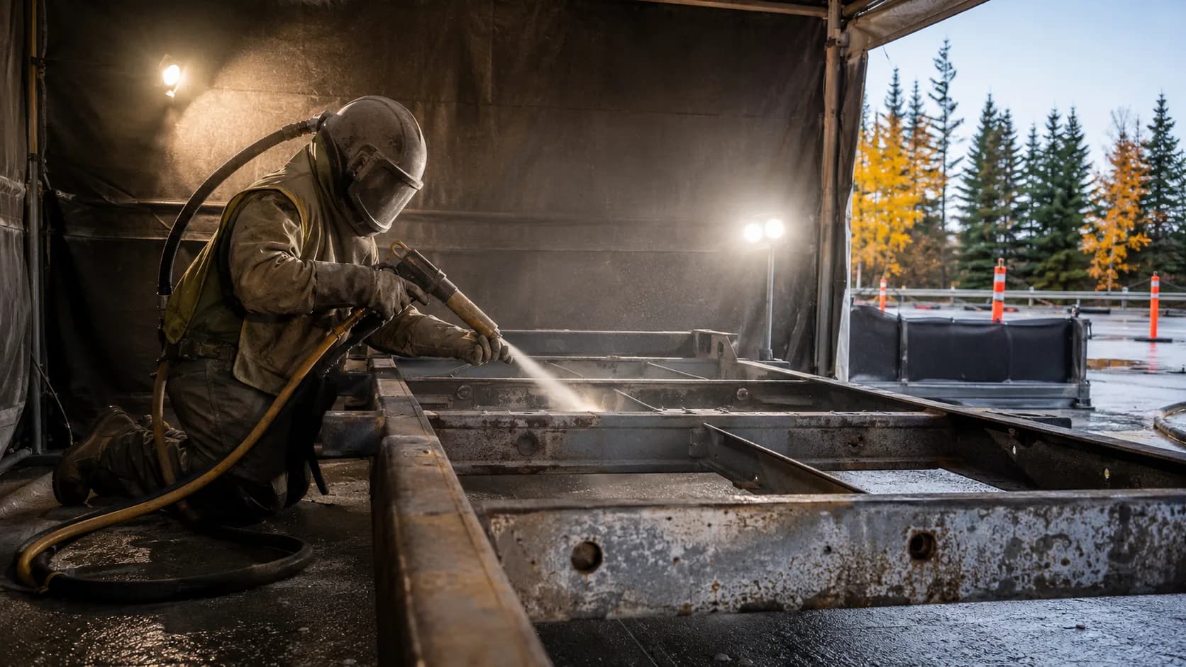 A blaster stripping rusted steel back to bare metal in Canada
