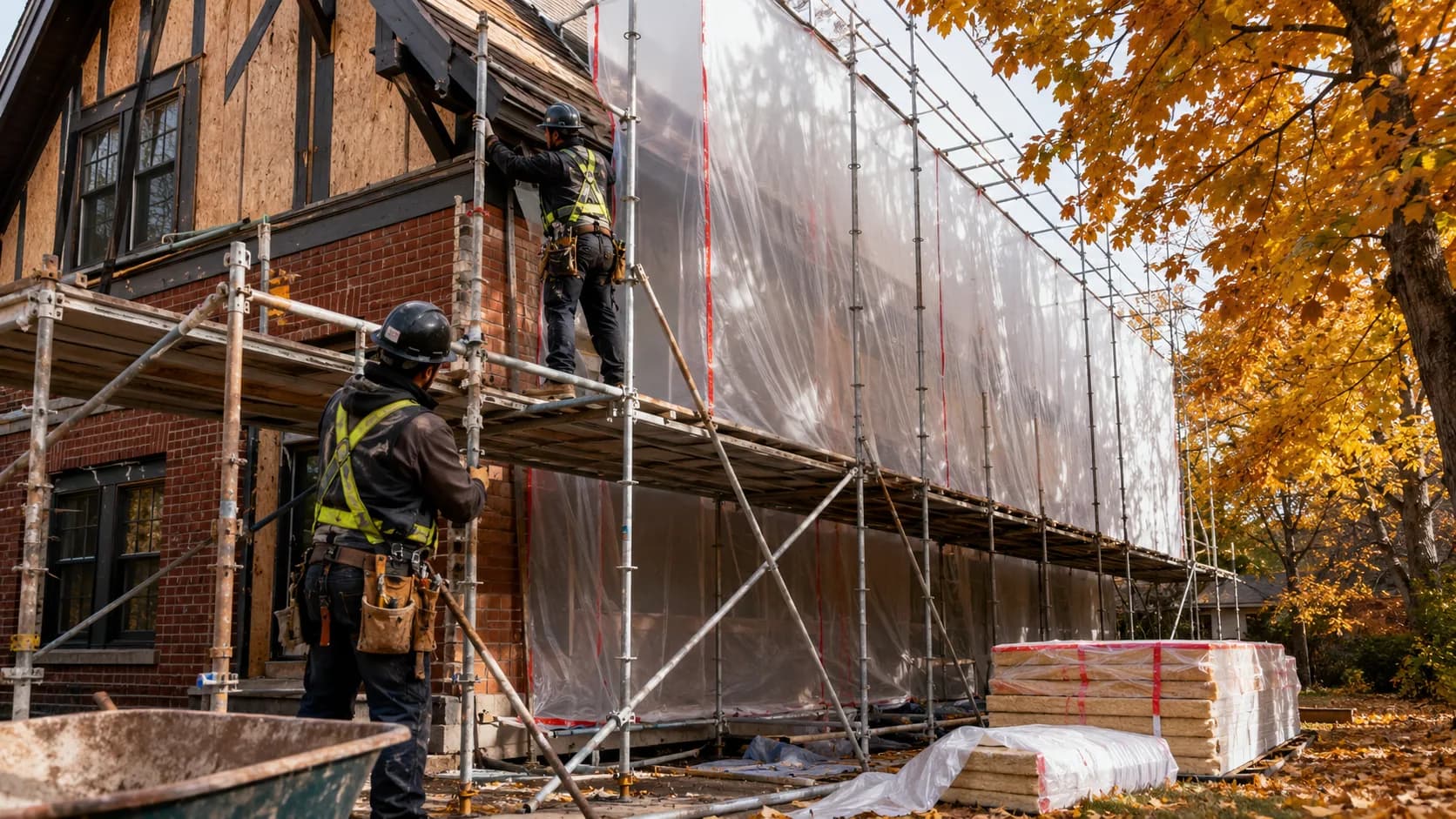 Scaffolders erecting a scaffold on a house in Canada